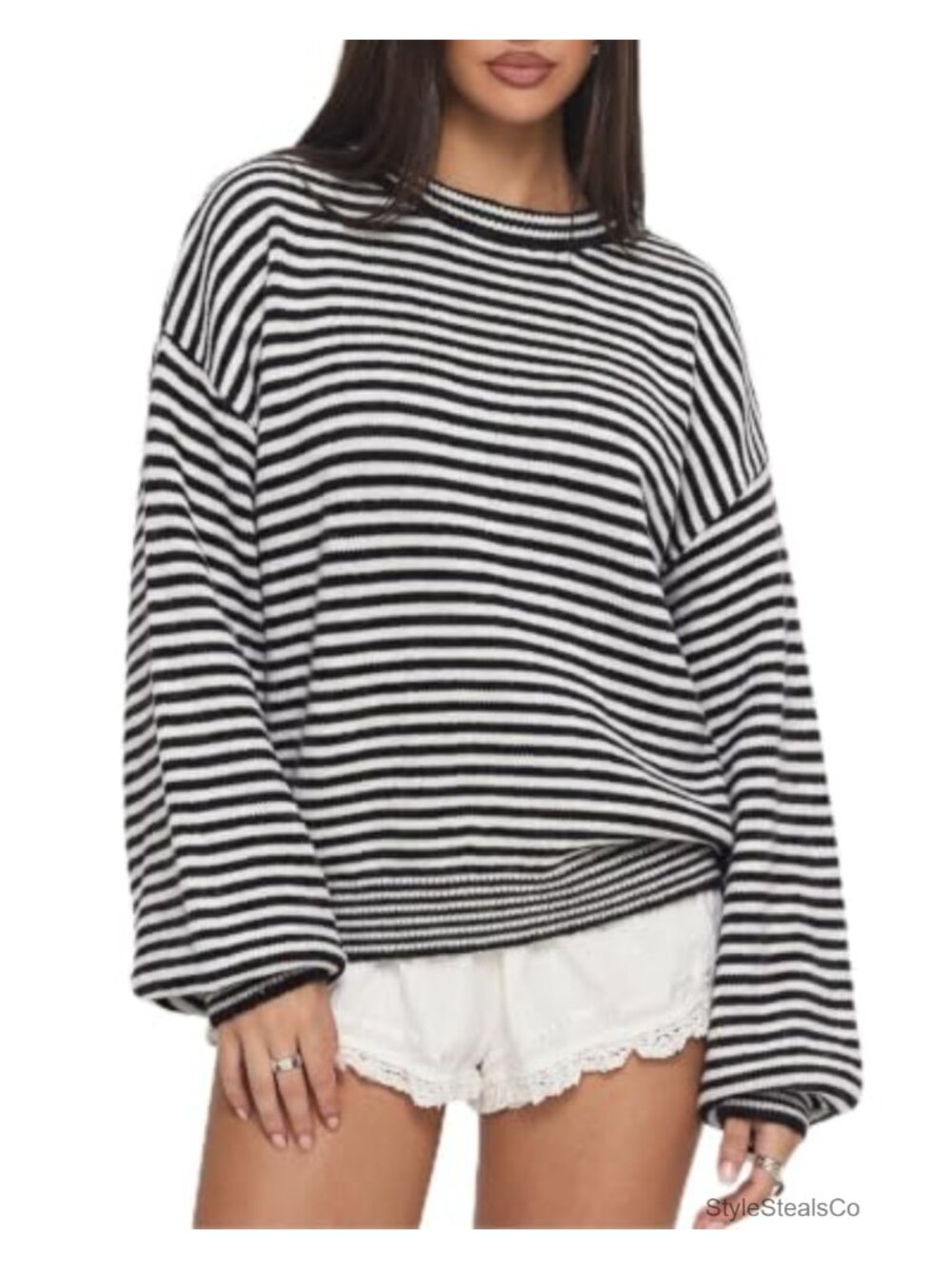 QINSEN Oversized Striped Balloon Sleeve Crewneck Pullover Sweater